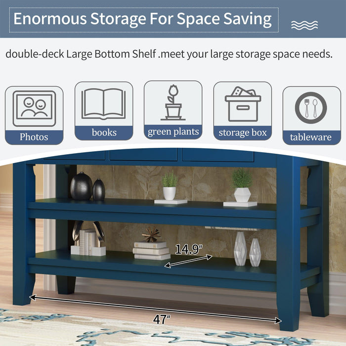 48''Modern Console Table  Sofa Table for Living Room with 3 Drawers and 2 Shelves, Solid Wood Top (Pine)