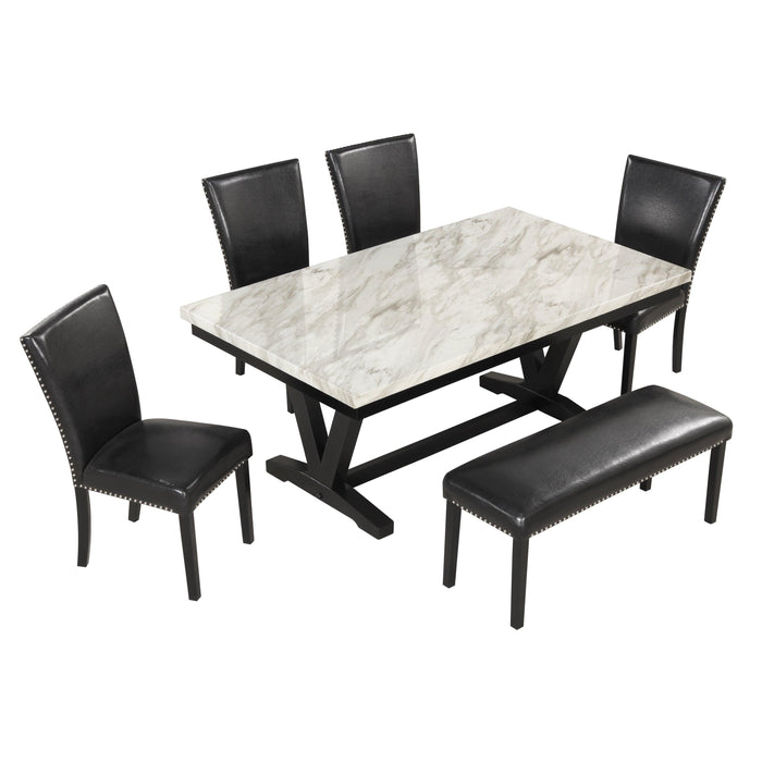 6-piece Dining Table Set with 1 Faux Marble Top Table,4 Upholstered Seats and 1 Bench,Table: 72in.Lx42in.Wx30in.H, Chair: 19.75in.Lx21.25in.Wx38.25in.H, Bench:46in.Lx16in.Wx20in.H.