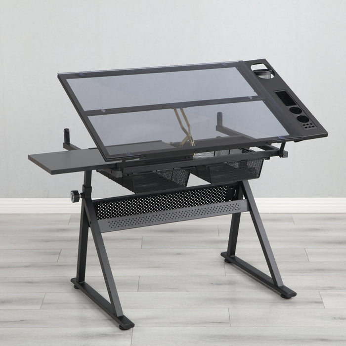 black adjustable tempered glass drafting printing table with chair