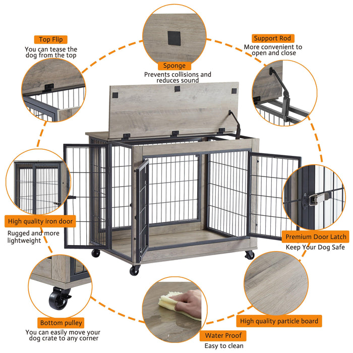 Furniture Style Dog Crate Side Table on Wheels with Double Doors and Lift Top. （Grey,31.50’’W*22.05’’D*25’’H）