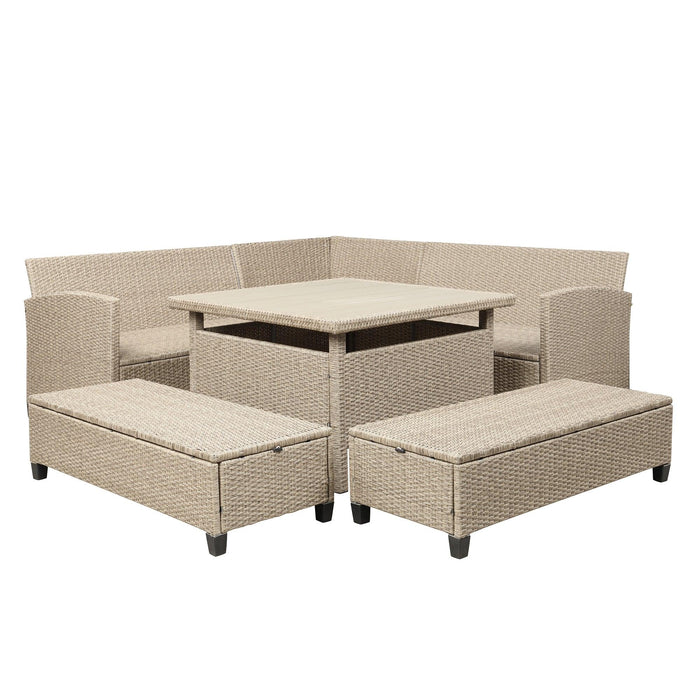 6-Piece Patio Furniture Set Outdoor Wicker Rattan Sectional Sofa with Table and Benches for Backyard, Garden, Poolside