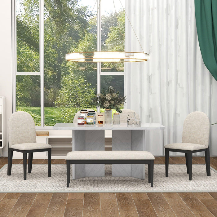 6-PieceModern Style Dining Set with Faux Marble Table and 4 Upholstered Dining Chairs & 1 Bench (White)