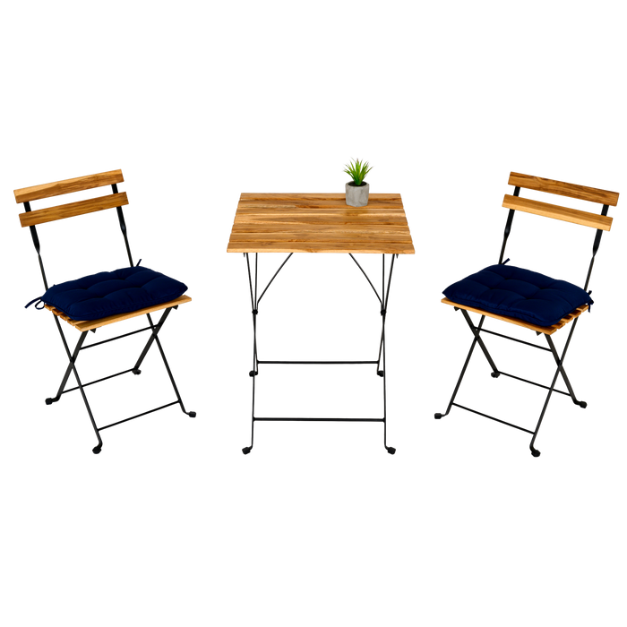 Solid Teak Wood Bistro Set Folding Table And Chair Set Power Coating Frame Patio Set With Waterproof Navy Cushion