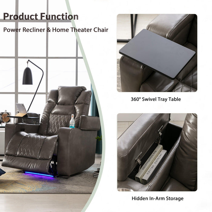 Power Motion Recliner with USB Charging Port and Hidden ArmStorage, Home Theater Seating with 2 Convenient Cup Holders Design and 360° Swivel Tray Table