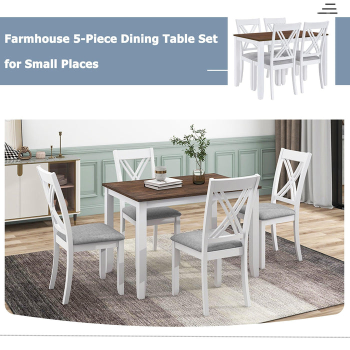 Rustic Minimalist Wood 5-Piece Dining Table Set with 4 X-Back Chairs for Small Places, White