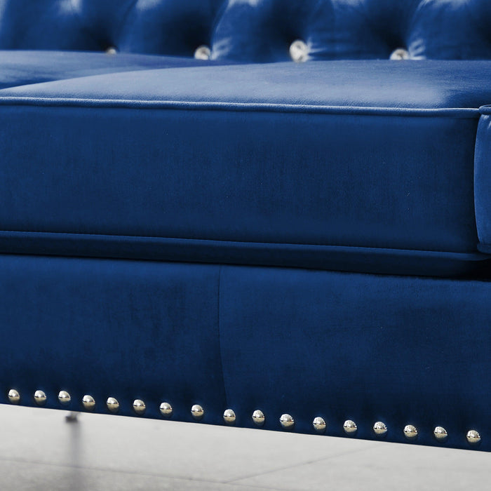 82.3" WidthModern Velvet Sofa Jeweled Buttons Tufted Square Arm Couch Blue,2 Pillows Included