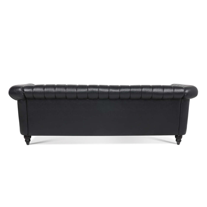 83.46'' Black PU Rolled Arm Chesterfield Three Seater Sofa.