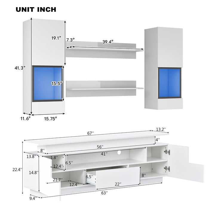 Stylish Functional TV stand, 5 Pieces Floating TV Stand Set, High Gloss Wall Mounted Entertainment Center with 16-color LED Light Strips for 75+ inch TV, White