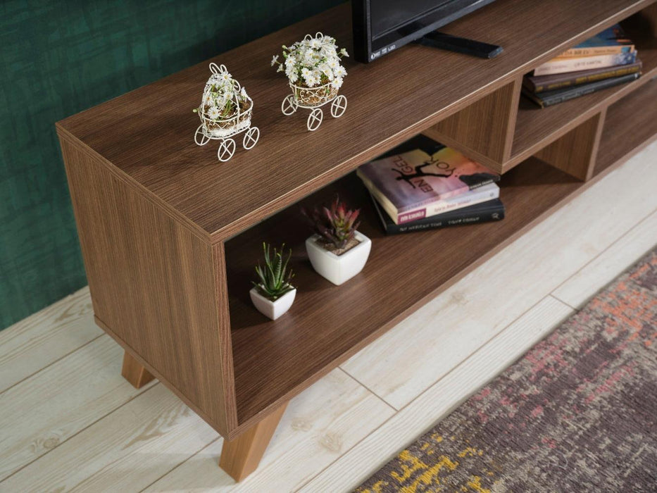 Parma Mid CenturyModern Tv Stand Open Shelving Entertainment Centre 67 inch Tv Unit, Walnut