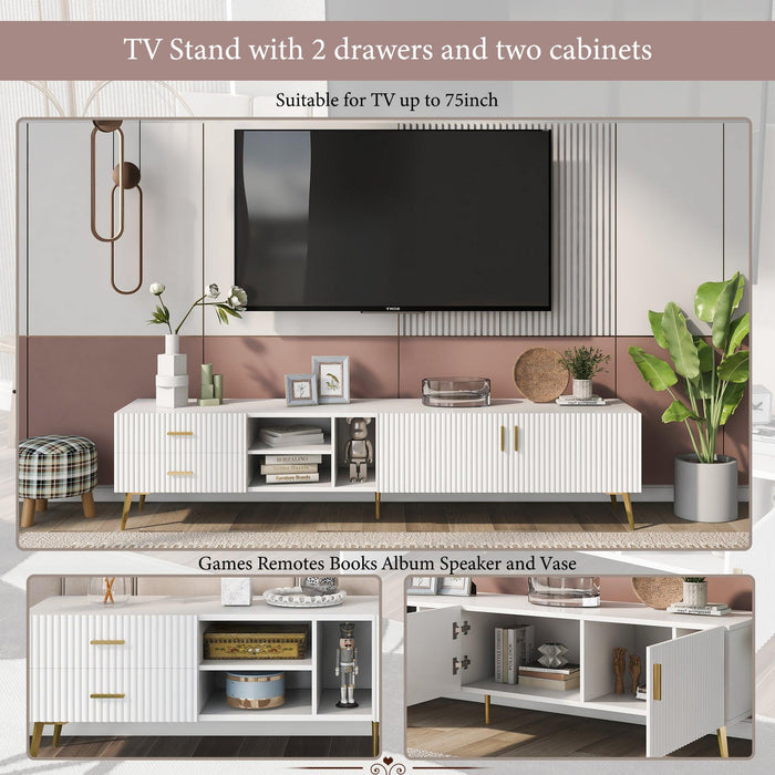 Modern TV Stand with 5 Champagne legs - Durable, stylish, spacious, versatileStorage TVS up to 77" (White)