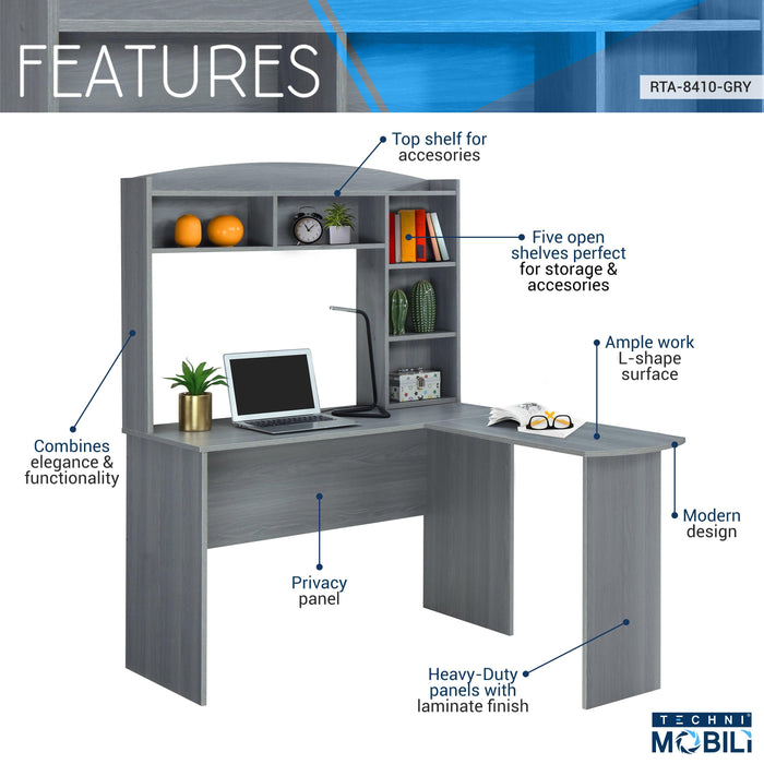 Techni MobiliModern L-Shaped Desk with Hutch, Grey