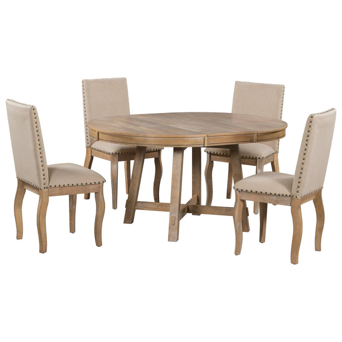 5-Piece Farmhouse Dining Table Set Wood Round Extendable Dining Table and 4 Upholstered Dining Chairs (Natural Wood Wash)