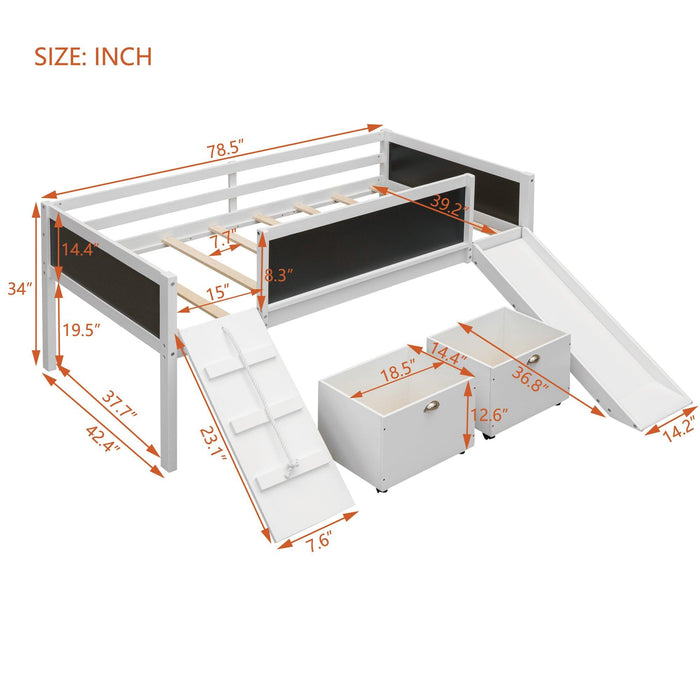 Twin size Loft Bed Wood Bed with TwoStorage Boxes - White