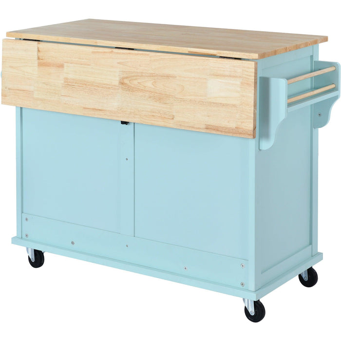 Kitchen Cart with Rubber wood Drop-Leaf Countertop, Concealed sliding barn door adjustable height,Kitchen Island on 4 Wheels withStorage Cabinet and 2 Drawers,L52.2xW30.5xH36.6 inch, Mint Green