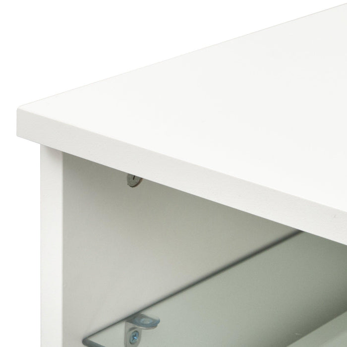 White TV cabinet has two drawers with dual end color-changing LED light strip