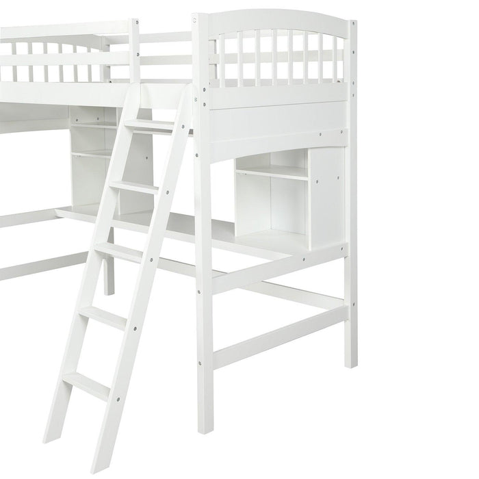 Twin size Loft Bed withStorage Shelves, Desk and Ladder, White