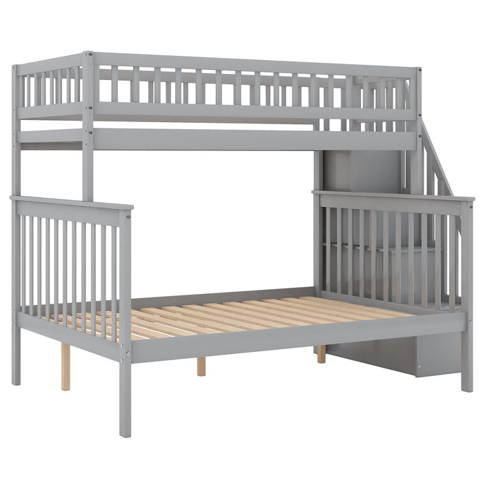 Twin over Full Stairway Bunk Bed withStorage, Gray