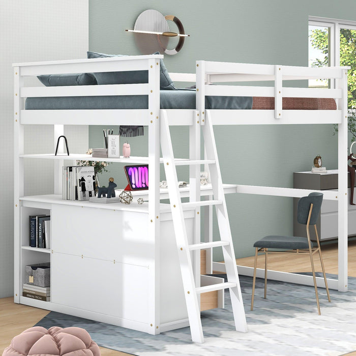 Full Size Loft Bed with Desk and Shelves,Two Built-in Drawers,White