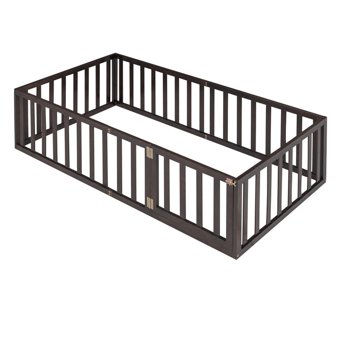 Twin Size Wood Floor Bed Frame with Fence and Door, Walnut