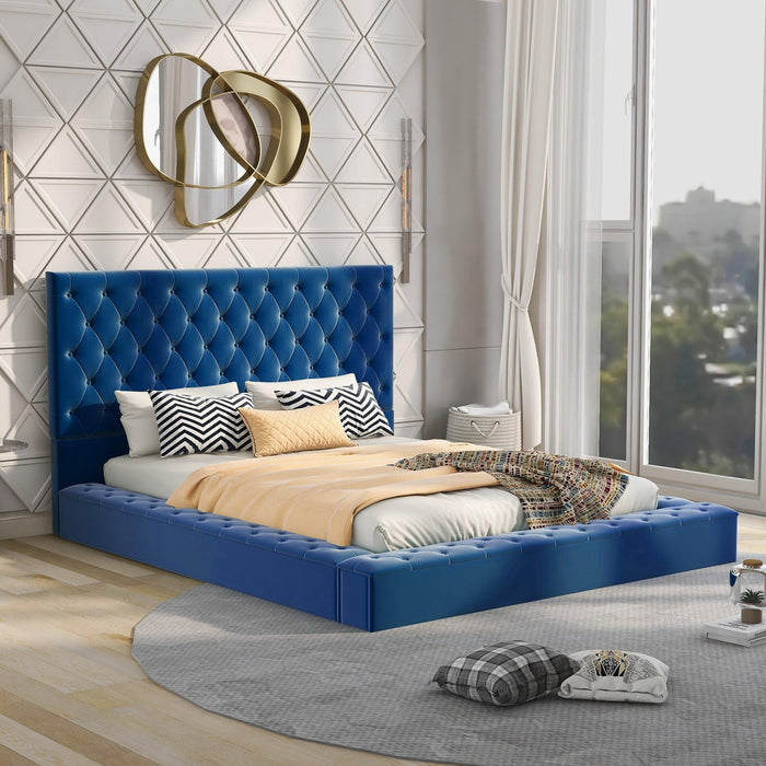 Queen Size Upholstery Low ProfileStorage Platform Bed withStorage Space on both Sides and Footboard,Blue