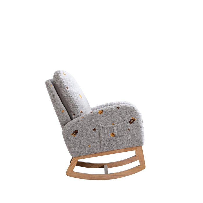 26.8"WModern Rocking Chair for Nursery, Mid Century Accent Rocker Armchair With Side Pocket, Upholstered High Back Wooden Rocking Chair for Living Room Baby Kids Room Bedroom, Light Gray Boucle