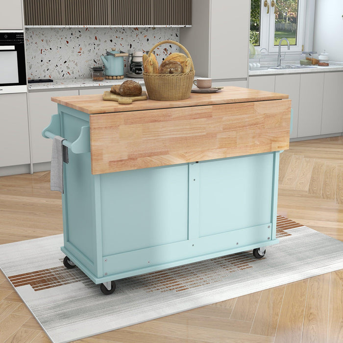 Kitchen Cart with Rubber wood Drop-Leaf Countertop, Concealed sliding barn door adjustable height,Kitchen Island on 4 Wheels withStorage Cabinet and 2 Drawers,L52.2xW30.5xH36.6 inch, Mint Green