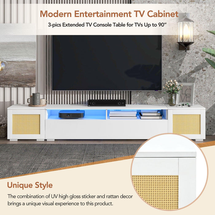 Rattan Style Entertainment Center with Push to Open Doors, 3-pics Extended TV Console Table for TVs Up to 90”,Modern TV Stand with Color Changing LED Lights for  Home Theatre, White