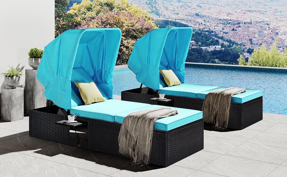 76.8" Long Reclining Single Chaise Lounge with Cushions,Canopy and Cup Table, Black Wicker+ Blue Cushion, Set of 2