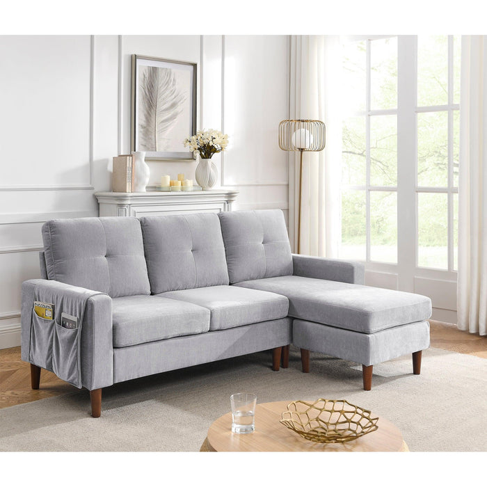 80” Convertible Sectional Sofa Couch, 3 Seats L-shape Sofa with Removable Cushions and Pocket, Rubber Wood Legs, Light Grey Chenille