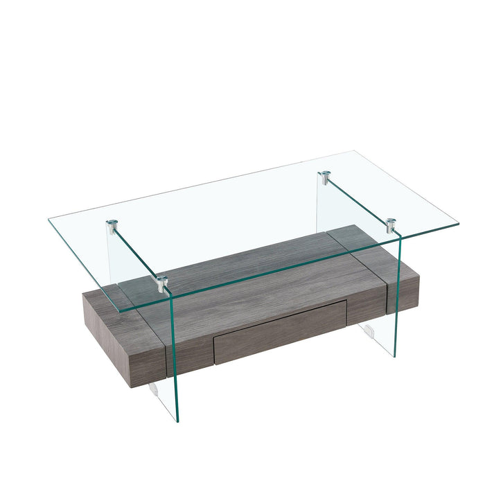 37.8" Tempered Glass Coffee table with Dual Shelves and MDF Drawer, Tea Table for living roon, bedroom，transparent/gray