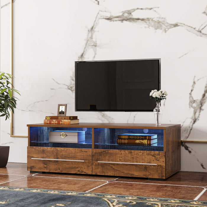 The walnut color TV cabinet has two drawers with color-changing light strips