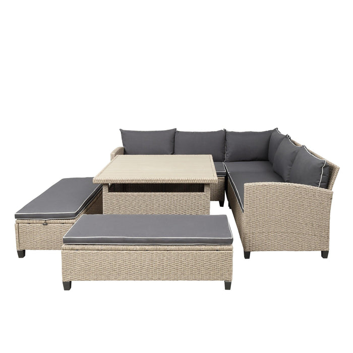 6-Piece Patio Furniture Set Outdoor Wicker Rattan Sectional Sofa with Table and Benches for Backyard, Garden, Poolside