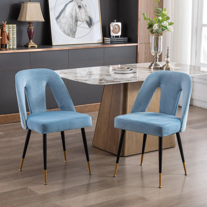 Akoya CollectionModern | Contemporary Velvet Upholstered Dining Chair with Nailheads and Gold Tipped Black Metal Legs, Light Blue，Set of 2