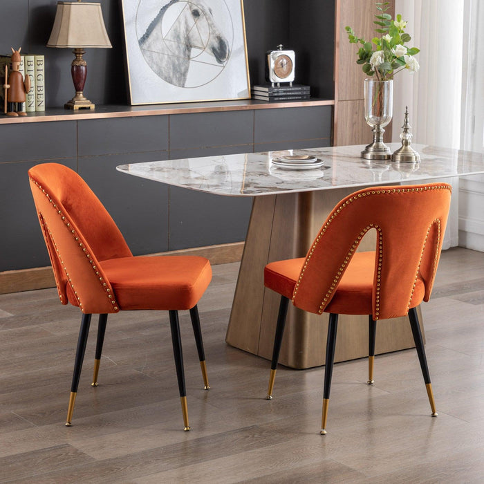 Akoya CollectionModern | Contemporary Velvet Upholstered Dining Chair with Nailheads and Gold Tipped Black Metal Legs, Orange，Set of 2