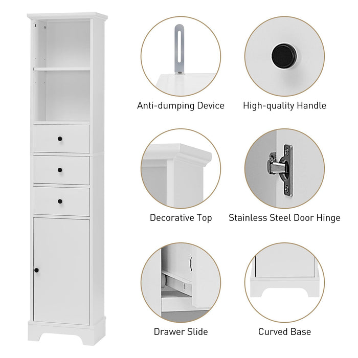 White Tall Bathroom Cabinet, FreestandingStorage Cabinet with 3 Drawers and Adjustable Shelf, MDF Board with Painted Finish