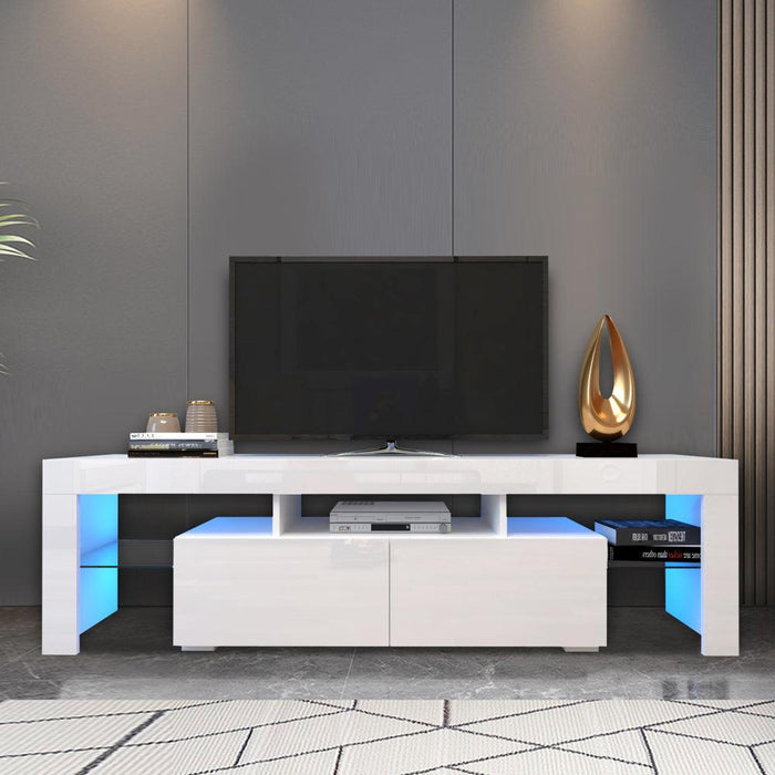 Modern White TV Stand, 20 Colors LED TV Stand w/Remote Control Lights