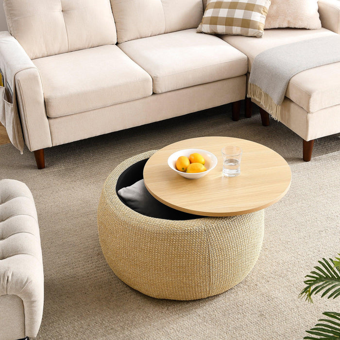 RoundStorage Ottoman, 2 in 1 Function, Work as End table and Ottoman, Natural (25.5"x25.5"x14.5")