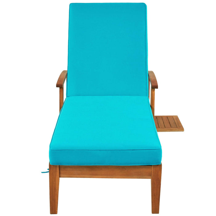 78.8" Outdoor Patio Solid Wood Chaise Lounge Reclining Daybed with Blue Cushion, Wheels and Sliding Cup Table