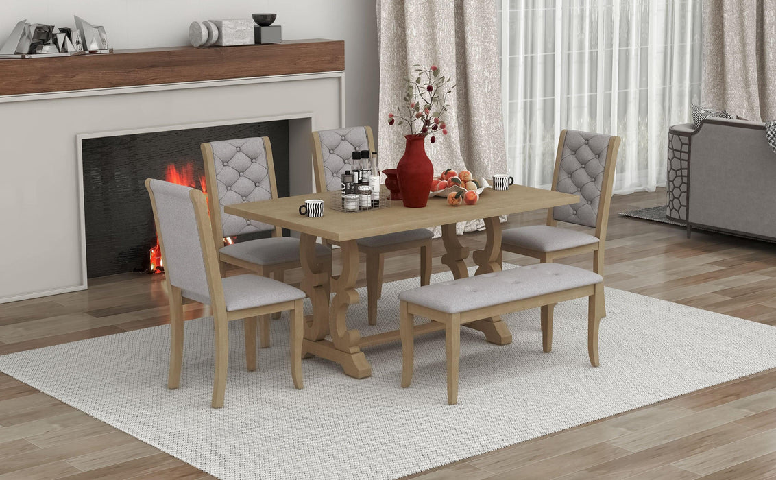 6-Piece Retro Dining Set with Unique-designed Table Legs and Foam-covered Seat Backs&Cushions for Dining Room (Grey Wash)