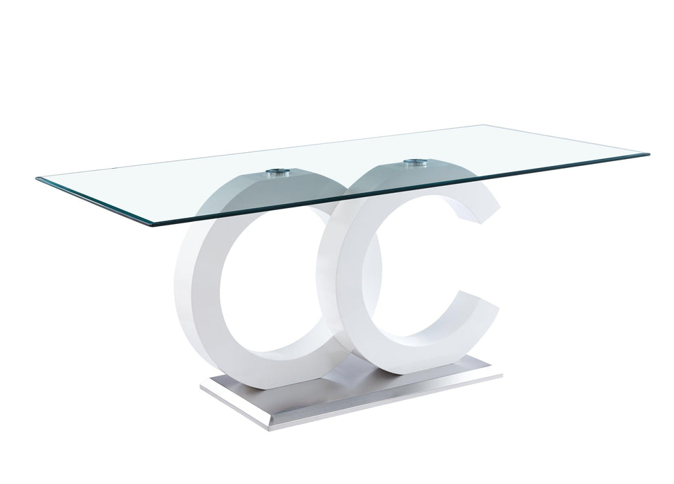 Tempered Glass Dining Table with White MDF Middle Support and Stainless Steel Base forModern Design