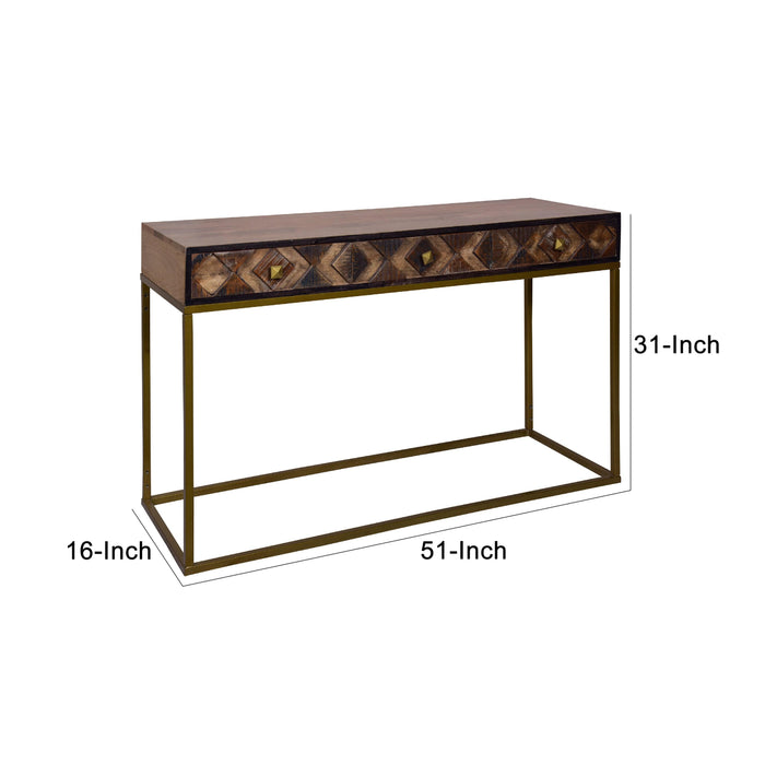 51 Inch 3 Drawer ManWood Console Table, Diamond Textured Panels, Metal Frame, Brown