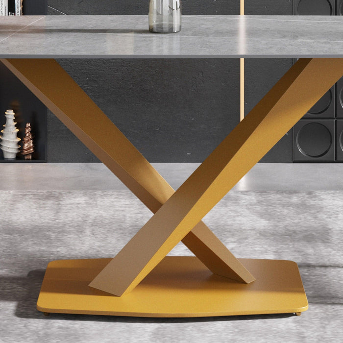 70.87"Modern artificial stone gray curved golden metal leg dining table-can accommodate 6-8 people