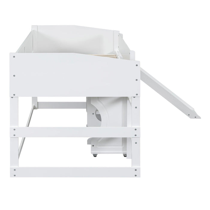 Low Study Twin Loft Bed with Rolling Portable Desk and Chair,Multiple Functions Bed- White