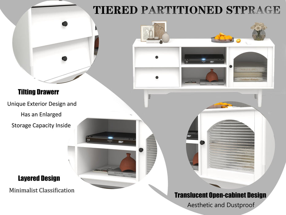 Living Room White TV Stand with Drawers and Open Shelves, A Cabinet with Glass Doors forStorage