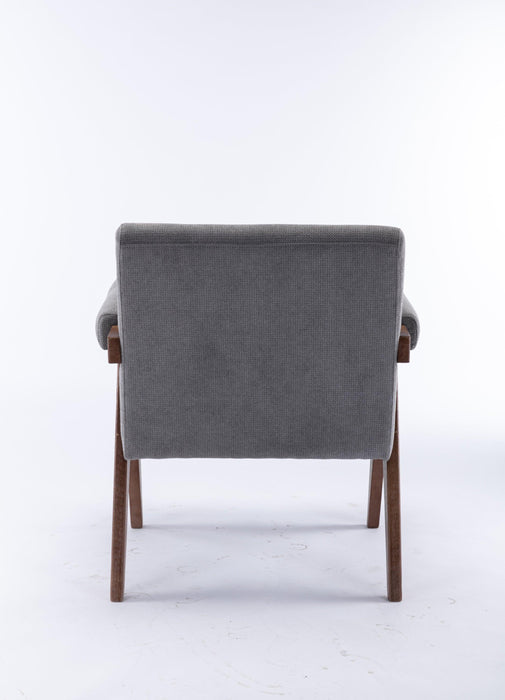 Accent chair, KD rubber wood legs with Walnut finish. Fabric cover the seat. With a cushion.Grey