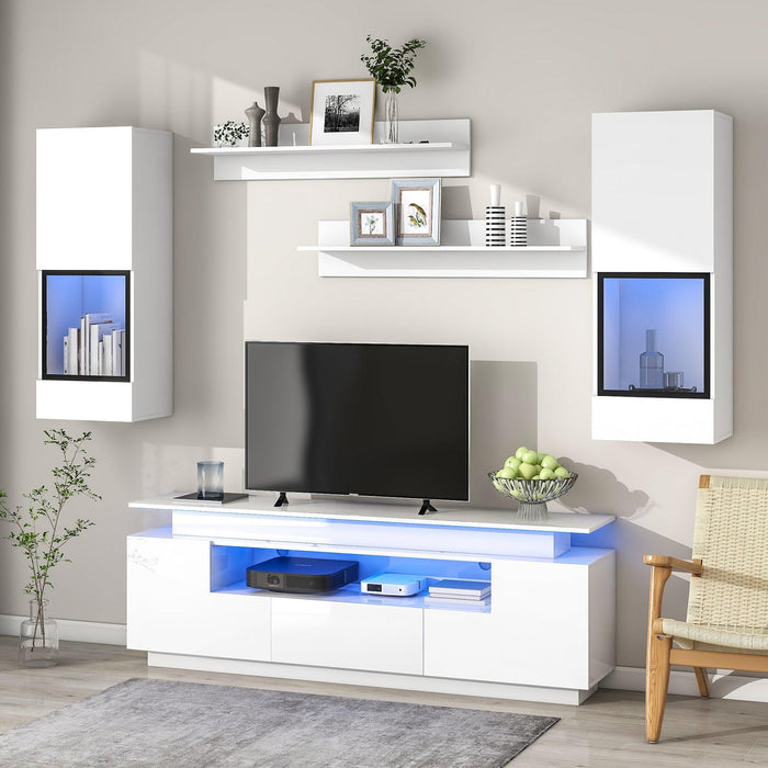 Stylish Functional TV stand, 5 Pieces Floating TV Stand Set, High Gloss Wall Mounted Entertainment Center with 16-color LED Light Strips for 75+ inch TV, White