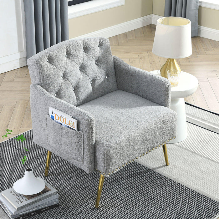 30 "WModern Chesterfield Tufted Upholstered Chair with Deep Buttons, Living Room Chair, Comfortable Armchair, Gold Hardware Legs, Tufted Chair for Reading or Relaxing, GREY TEDDY