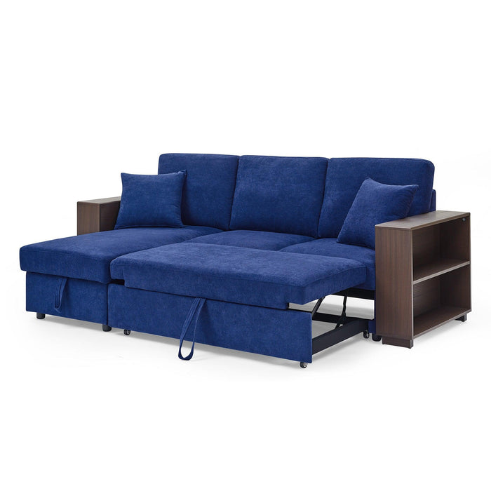 Sectional Sofa with Pulled Out Bed, 2 Seats Sofa and Reversible Chaise withStorage, MDF Shelf Armrest, Two Pillows, Navy Blue, (88" x52" x 34")