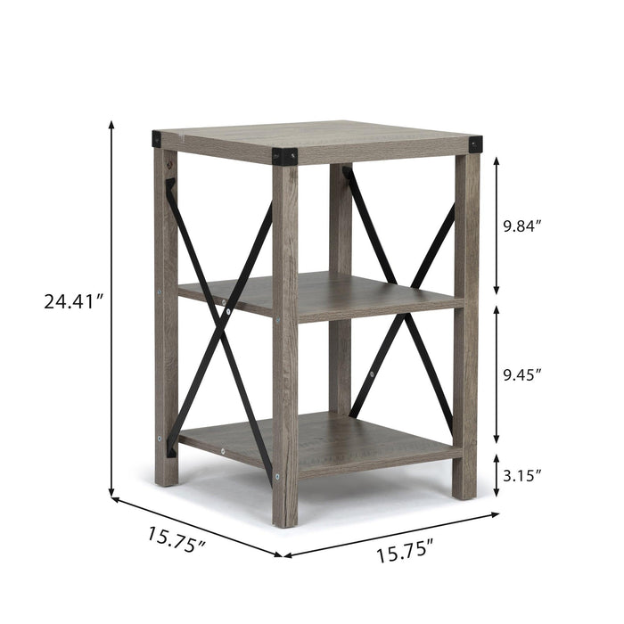 Farmhouse Square End Table, Wood Sofa Side Table with X-Shaped Metal Support, 3-TierStorage Shelf for Living Room Bedroom Office, Gray Wash