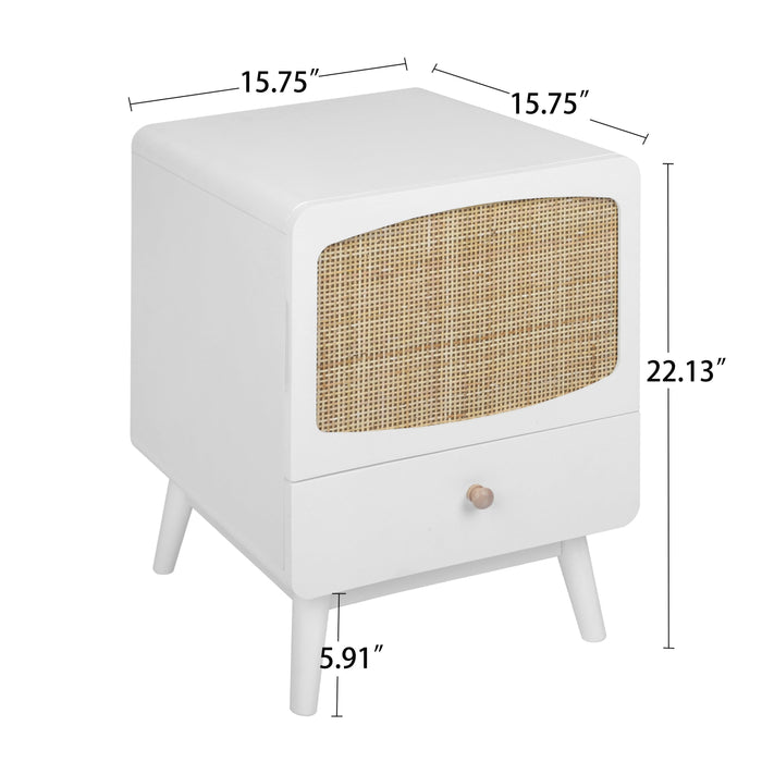 White Nightstand,  Bedside Table withStorage Drawe/ Rattan Door